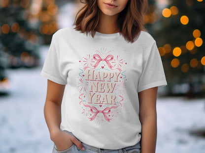 White t-shirt with "Happy New Year" text and festive graphic.
