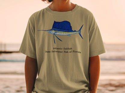 Tan t-shirt featuring a detailed illustration of an Atlantic Sailfish and text.
