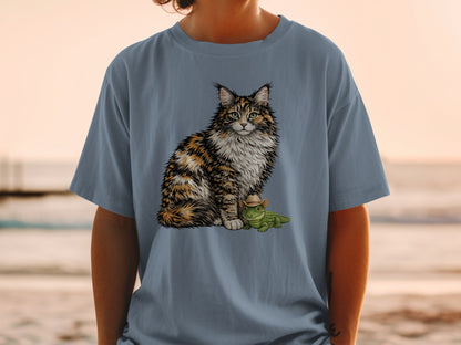 A person wearing a gray t-shirt printed with a calico cat and a small alligator wearing a cowboy hat.