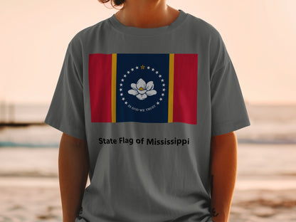 T-shirt with Mississippi State Flag design and text "State Flag of Mississippi".