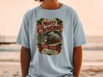Merry Christmas Olde-Tyme Wishing You Cheer t-shirt design with train.