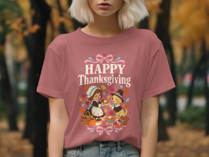 Thanksgiving t-shirt featuring a pilgrim girl and dog sharing pie.