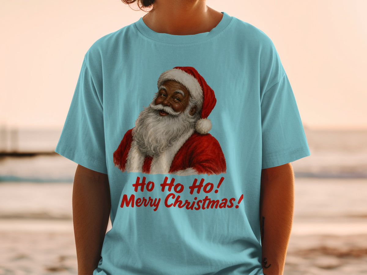 Santa Claus illustration on blue t-shirt with text "Ho Ho Ho! Merry Christmas!"
