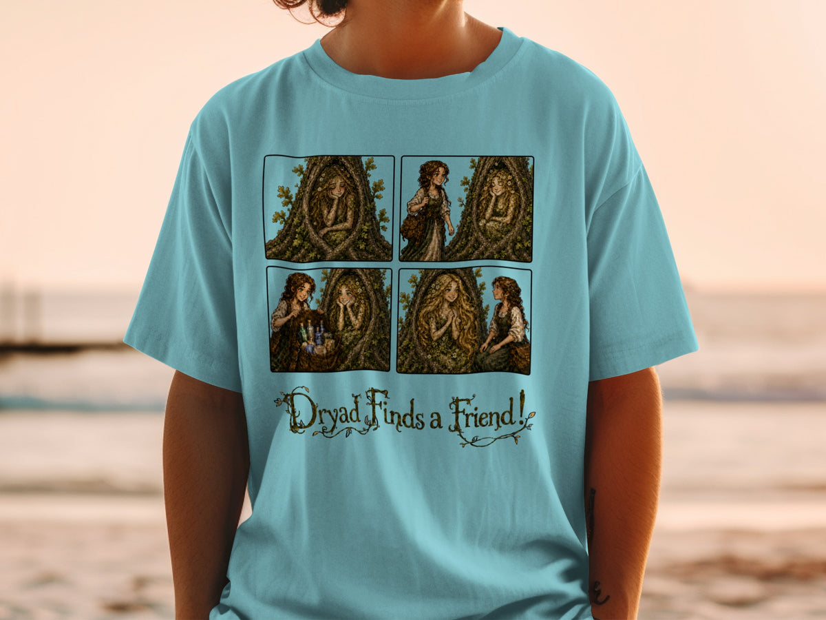 Four panels show a dryad in a tree and text "Dryad Finds a Friend!"