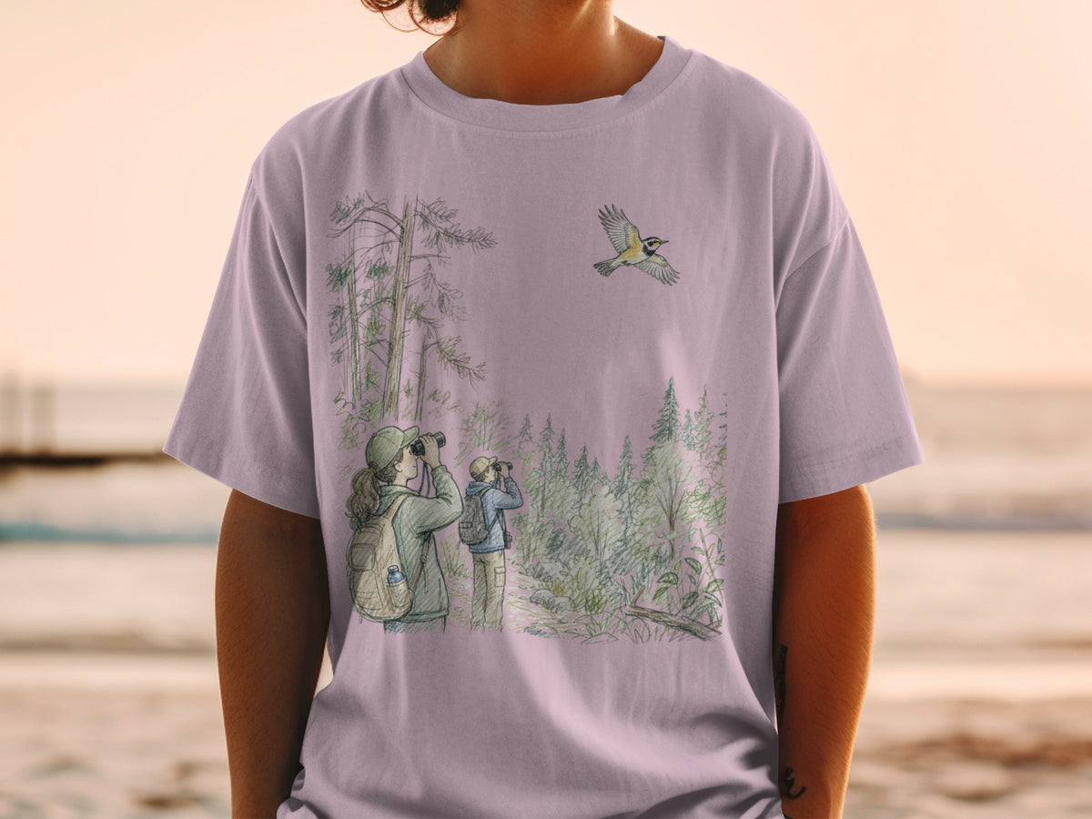 Illustration of two people birdwatching in a forest with a bird flying above.