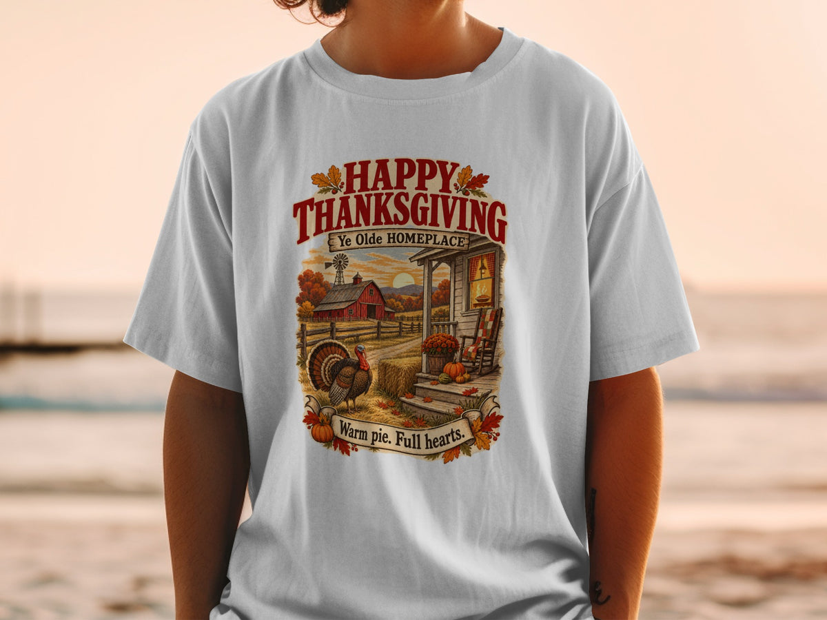 Thanksgiving t-shirt with turkey, farmhouse, pumpkins, and text.