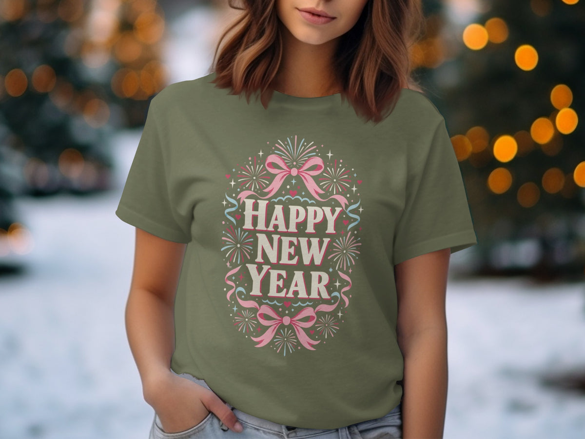 Green t-shirt with "Happy New Year" text, pink bows, and fireworks graphic.
