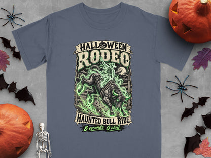 Graphic tee with text "Halloween Rodeo Haunted Bull Ride 8 seconds. 0 chill."