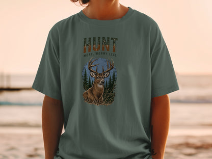 Deer graphic t-shirt with text "HUNT MORE, WORRY LESS."