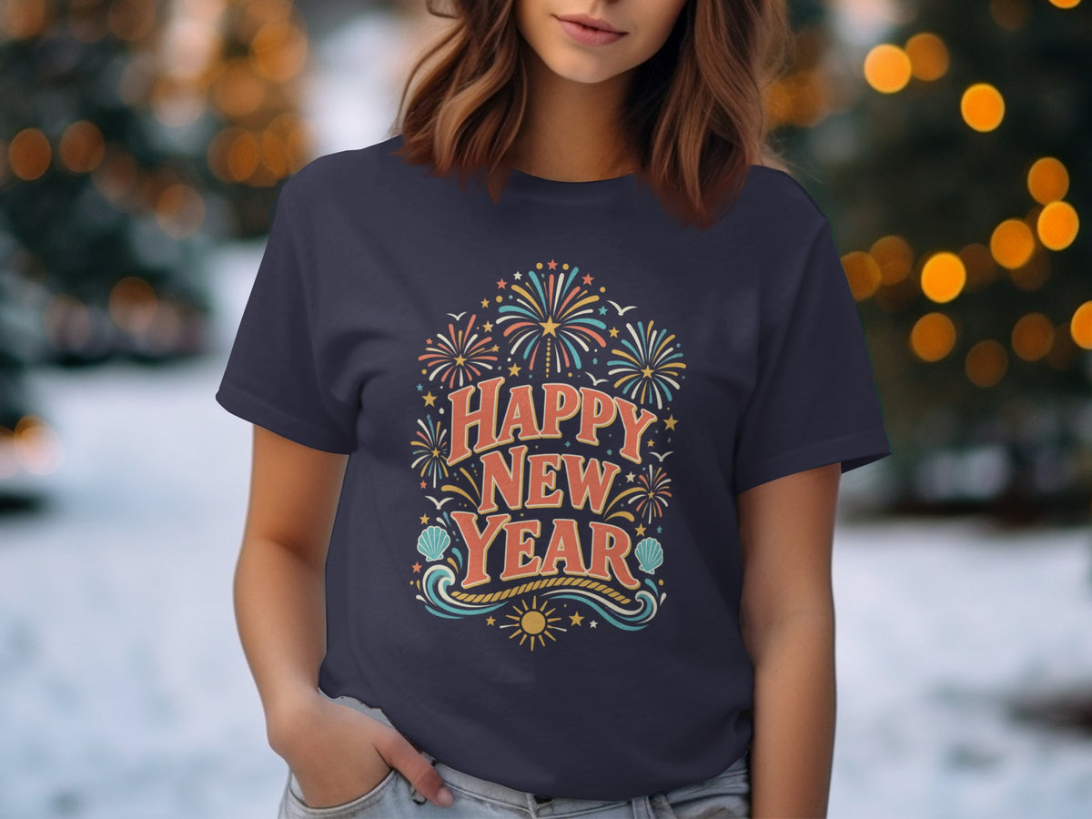 Navy t-shirt with "Happy New Year" graphic featuring fireworks and a sun.