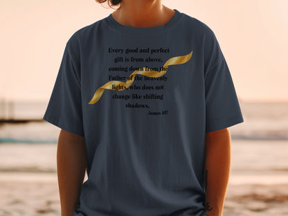 Dark blue t-shirt with James 1:17 Bible verse and a golden ribbon graphic.