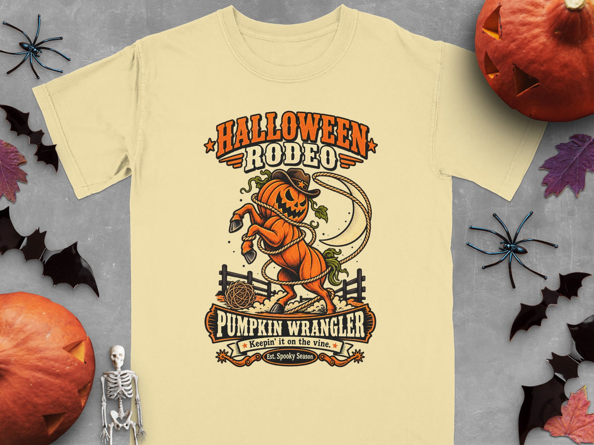 Halloween Rodeo Pumpkin Wrangler t-shirt with lasso and fence design.