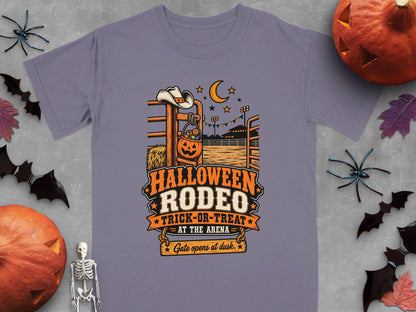 Halloween Rodeo Trick-or-Treat at the Arena shirt with cowboy hat and pumpkin.