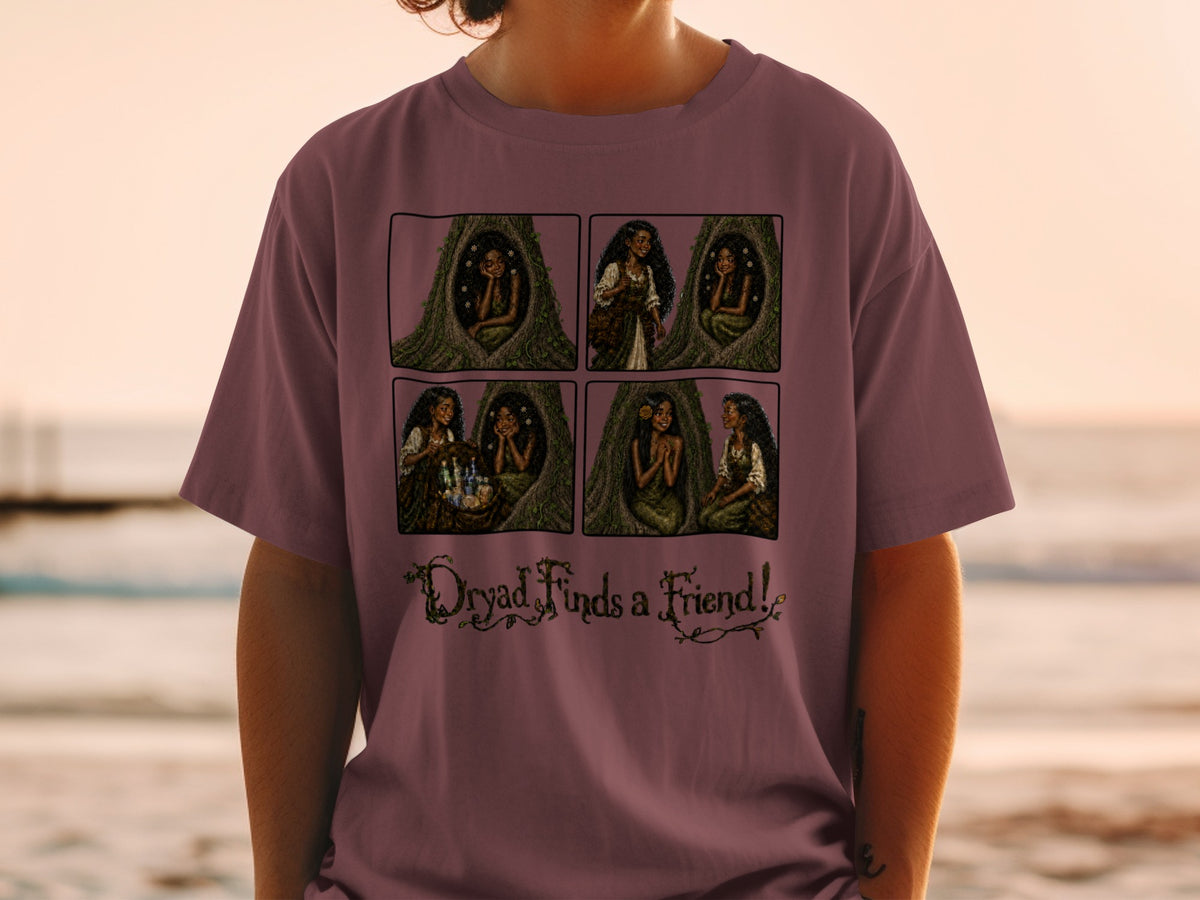 T-shirt graphic of four comic panels depicting a dryad and text "Dryad Finds a Friend!".