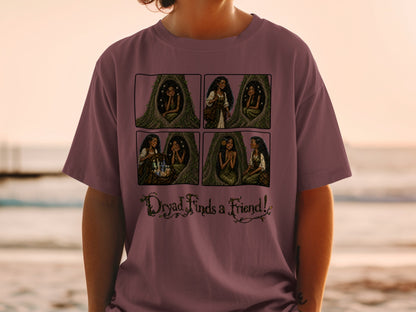 T-shirt graphic of four comic panels depicting a dryad and text "Dryad Finds a Friend!".