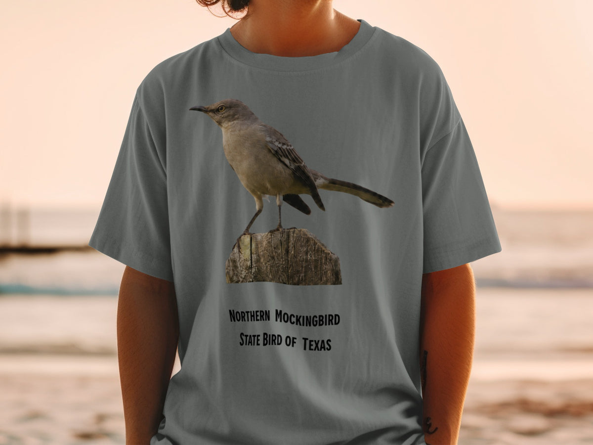 Northern Mockingbird, state bird of Texas, graphic on t-shirt.
