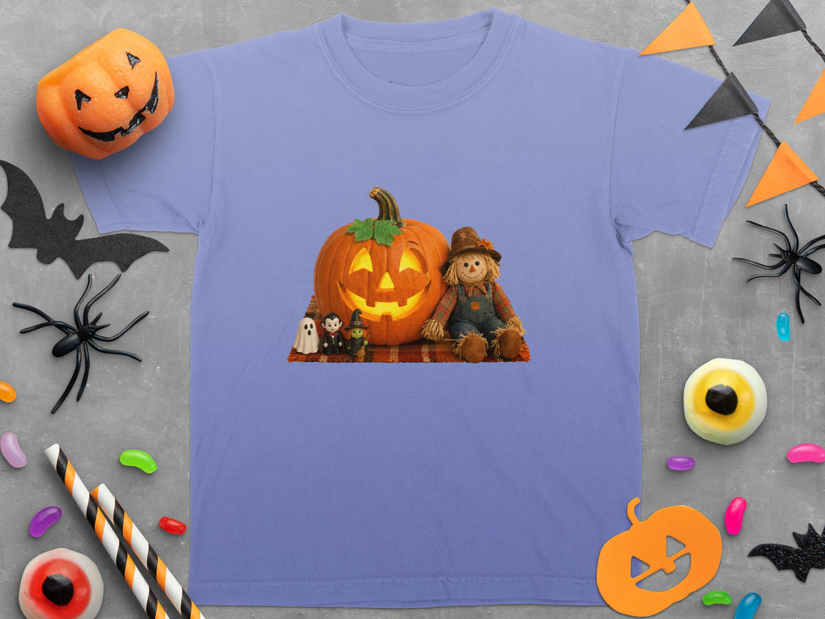 Halloween t-shirt with a jack-o'-lantern, scarecrow, and spooky figures.