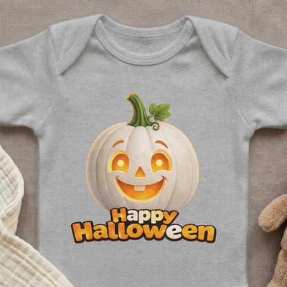 Grey baby onesie with a smiling white pumpkin and "Happy Halloween" text.