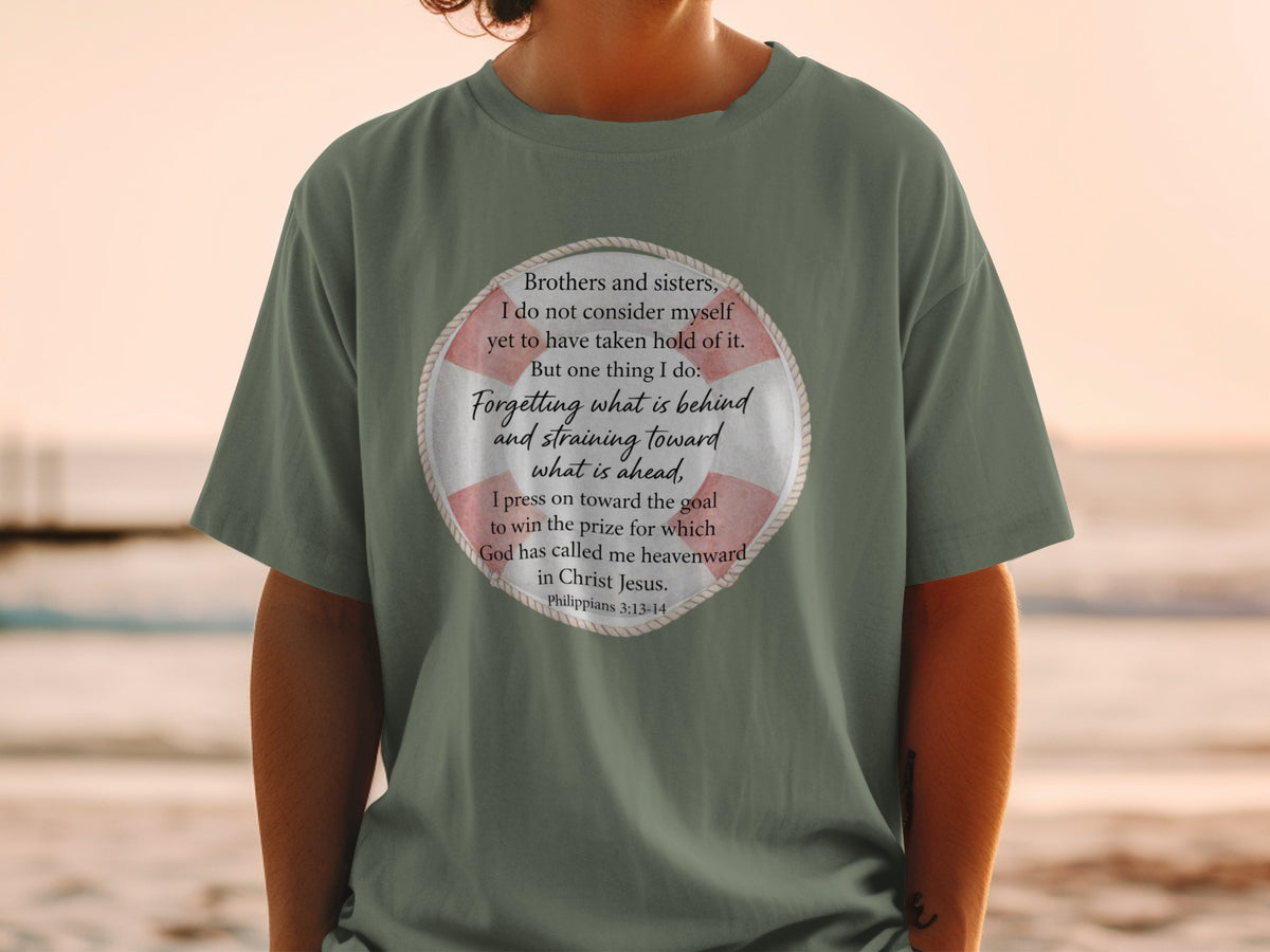 Green t-shirt with Philippians 3:13-14 Bible verse inside a life preserver graphic.