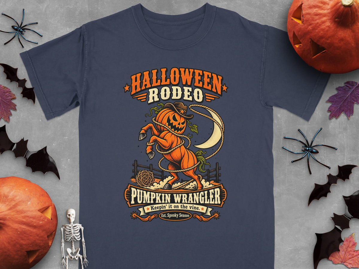 Dark navy t-shirt with Halloween Rodeo Pumpkin Wrangler graphic.