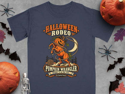 Dark navy t-shirt with Halloween Rodeo Pumpkin Wrangler graphic.