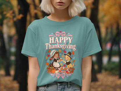 Thanksgiving graphic with pilgrim girl and dog sharing pie, "Happy Thanksgiving" text.
