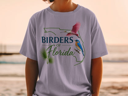 T-shirt with Florida outline, text "Birders of Florida", and bird illustrations.