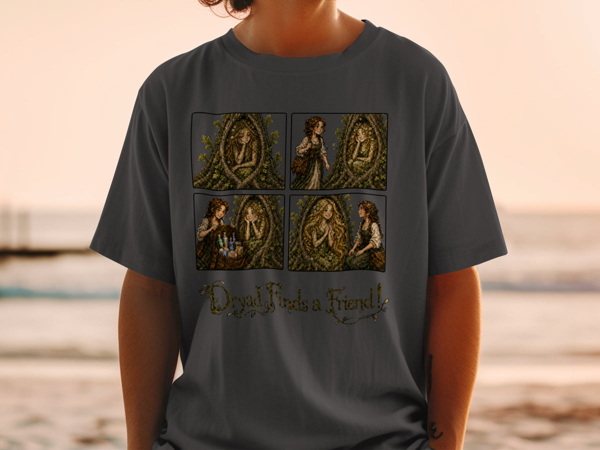 T-shirt with four panel illustration of dryad and a friend, text "Dryad Finds a Friend!".