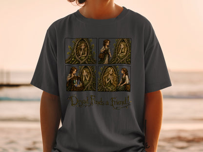 T-shirt with four panel illustration of dryad and a friend, text "Dryad Finds a Friend!".