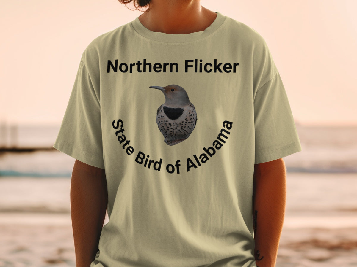 Northern Flicker, the state bird of Alabama on a tan t-shirt.