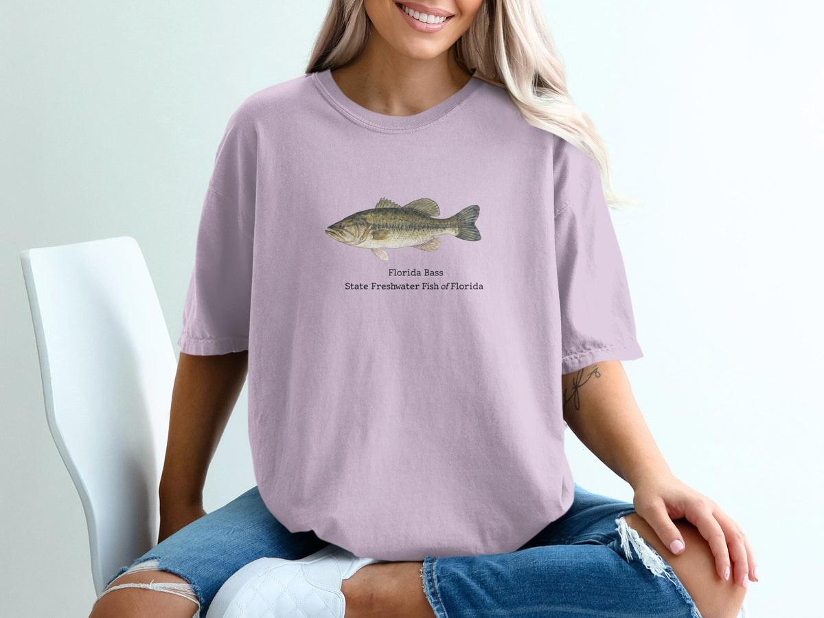 Lavender t-shirt with a Florida Bass illustration and text.