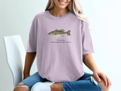 Lavender t-shirt with a Florida Bass illustration and text.