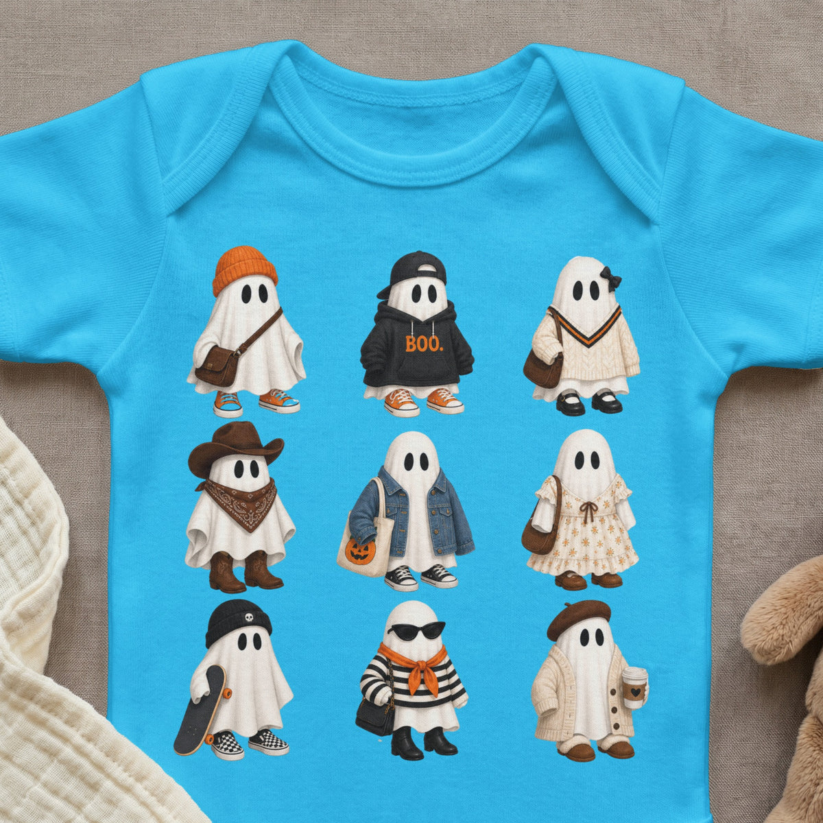 Nine cute ghosts dressed in various outfits, including "BOO." hoodie and cowboy style.