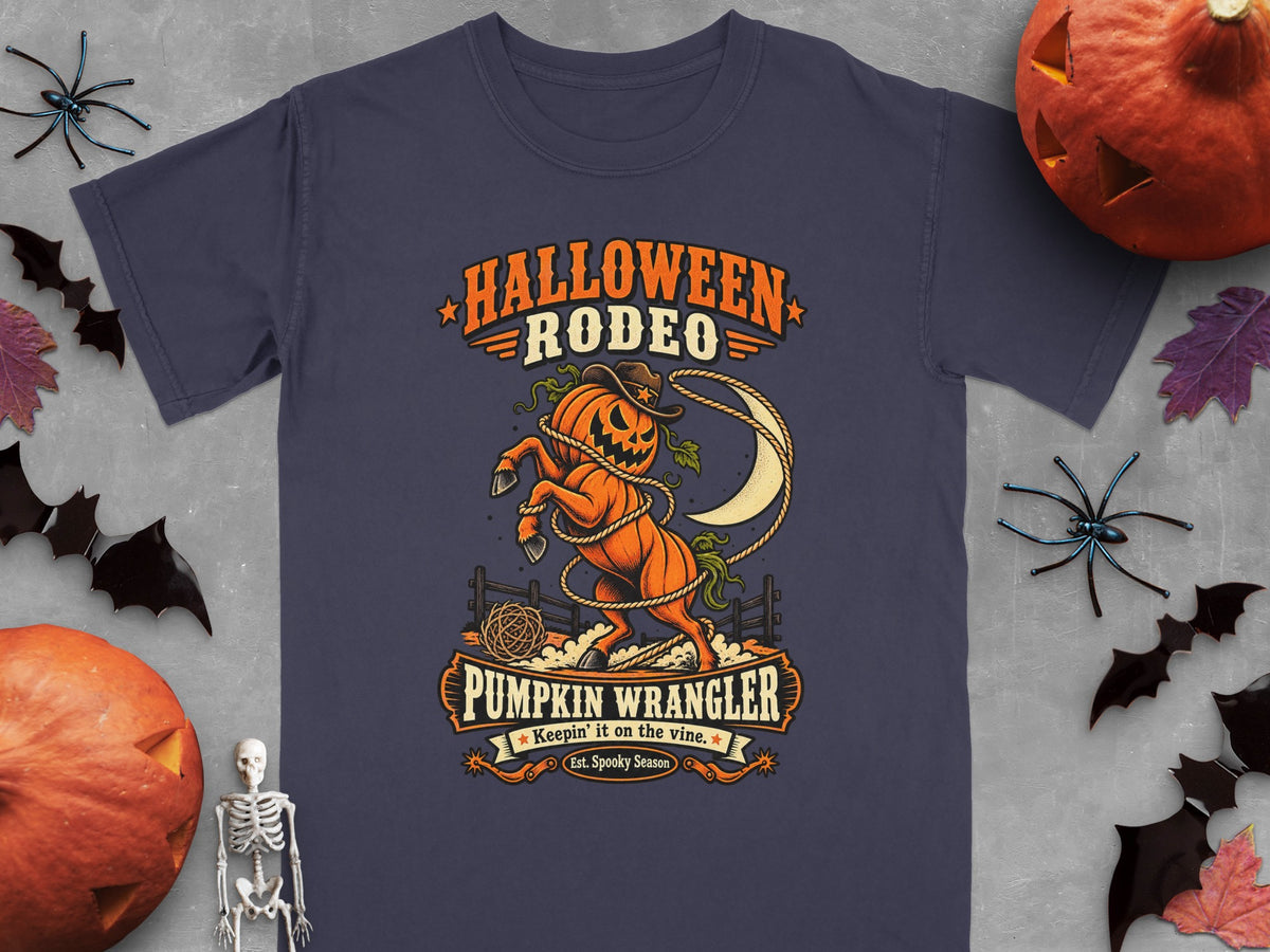 Halloween Rodeo graphic with pumpkin wrangler, cowboy hat, lasso, and moon.