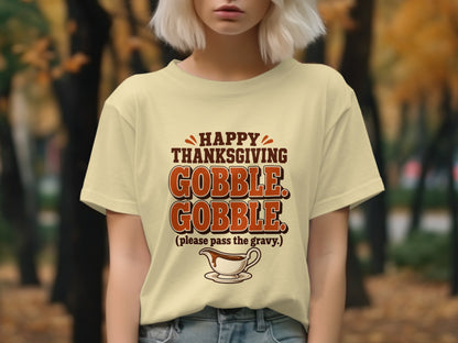 Yellow t-shirt with "Happy Thanksgiving Gobble Gobble" and gravy boat graphic.