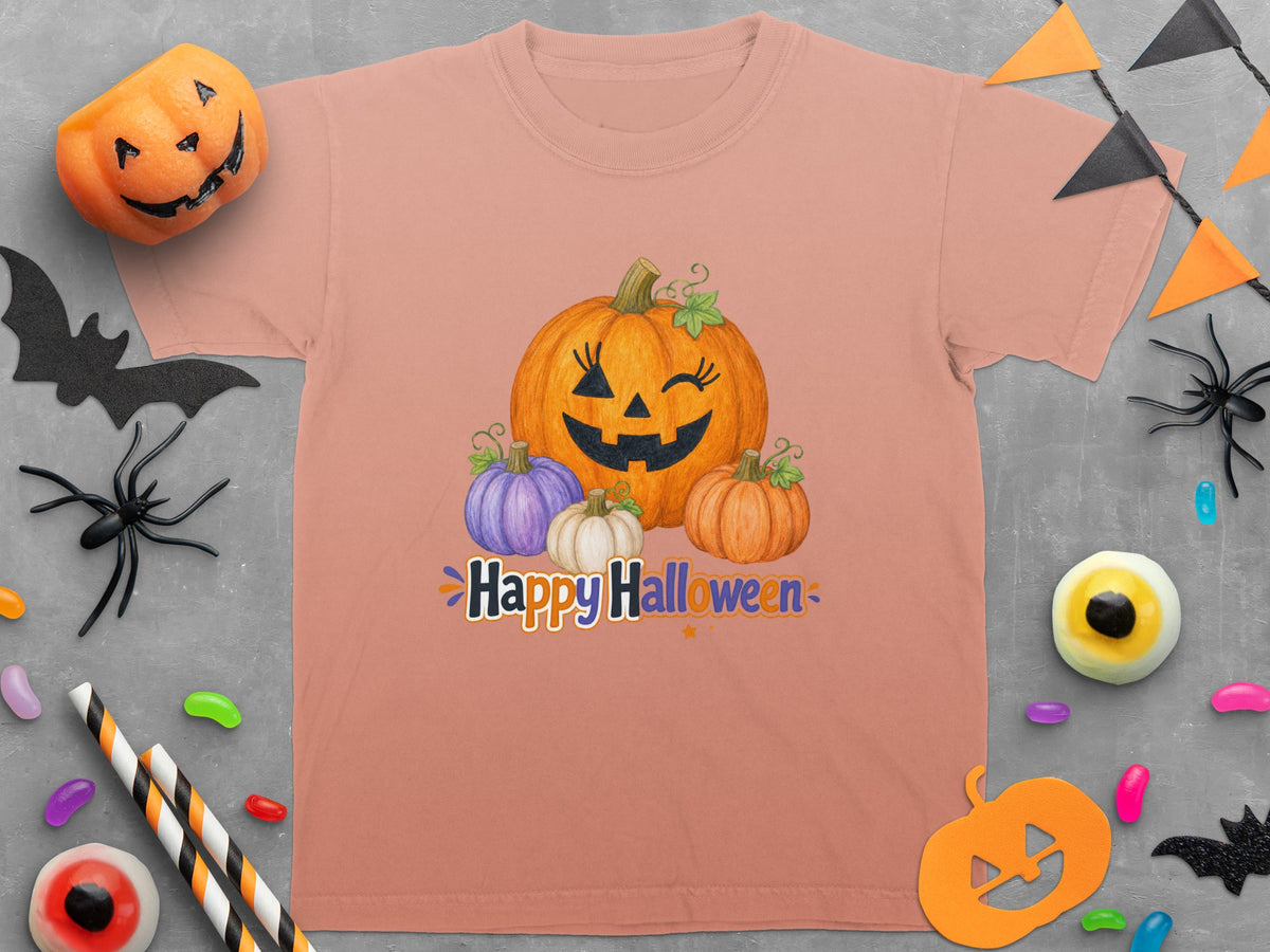 Peach t-shirt with jack-o'-lanterns and "Happy Halloween" text.