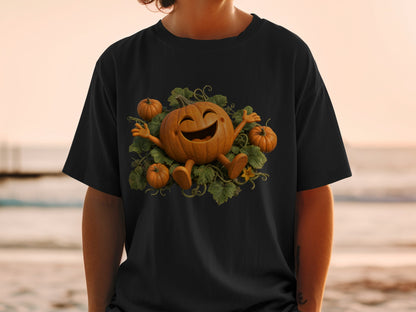 Happy cartoon pumpkin surrounded by smaller pumpkins and vines on a black t-shirt.