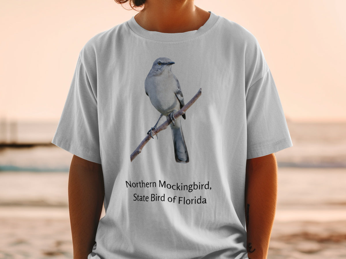 Gray t-shirt with Northern Mockingbird, State Bird of Florida graphic.