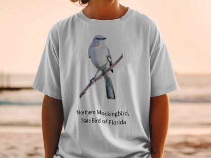 Gray t-shirt with Northern Mockingbird, State Bird of Florida graphic.