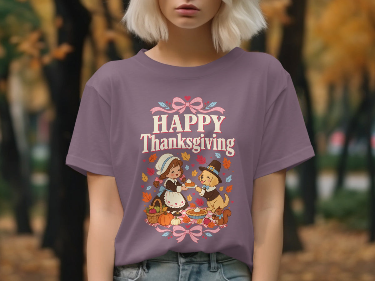 Thanksgiving t-shirt with pilgrim girl and dog sharing pie.