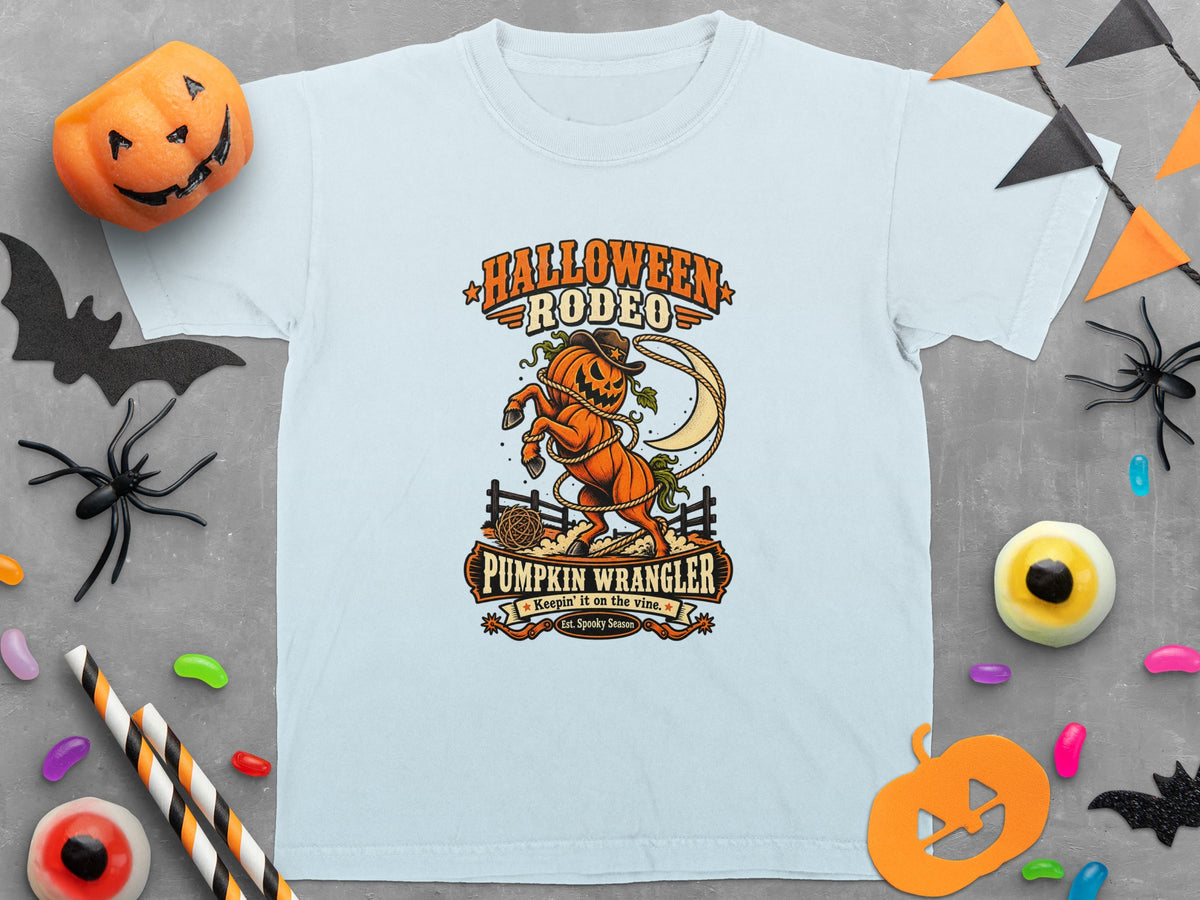 Light blue t-shirt with "Halloween Rodeo Pumpkin Wrangler" graphic and a lasso-twirling jack-o'-lantern.