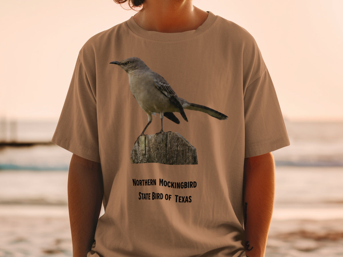 T-shirt with Northern Mockingbird graphic, Texas state bird text.