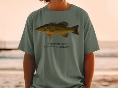 T-shirt with Largemouth Bass and State Fish of Alabama text.