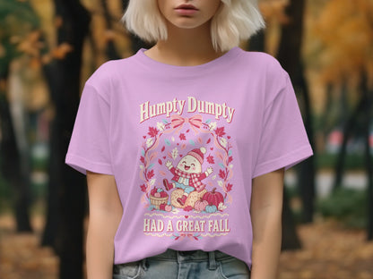Humpty Dumpty shirt with "Had A Great Fall" text and autumn graphics.
