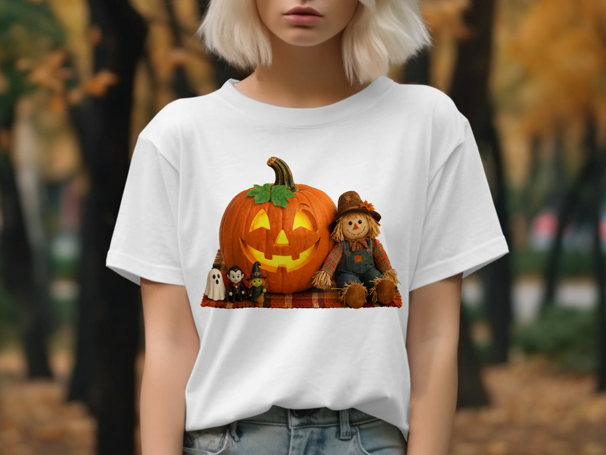 White t-shirt with a Halloween graphic of a jack-o'-lantern, scarecrow, ghosts, and witch.