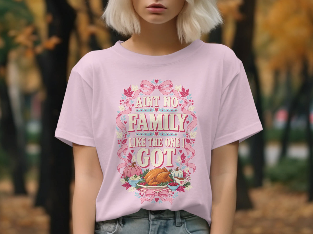 Pink t-shirt with "Ain't No Family Like the One I Got" text and Thanksgiving dinner graphic.