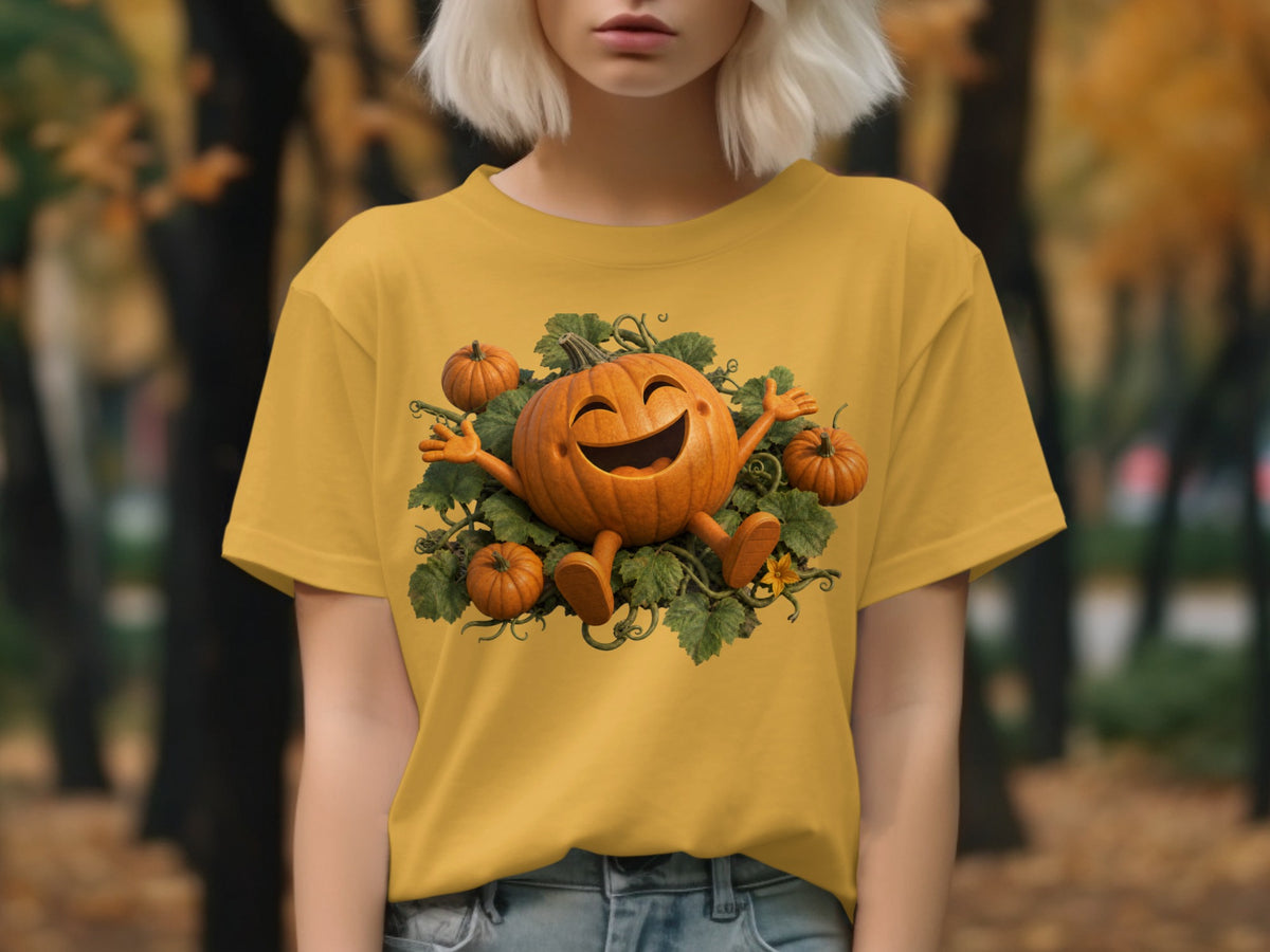 Yellow t-shirt with smiling cartoon pumpkin and gourds graphic.
