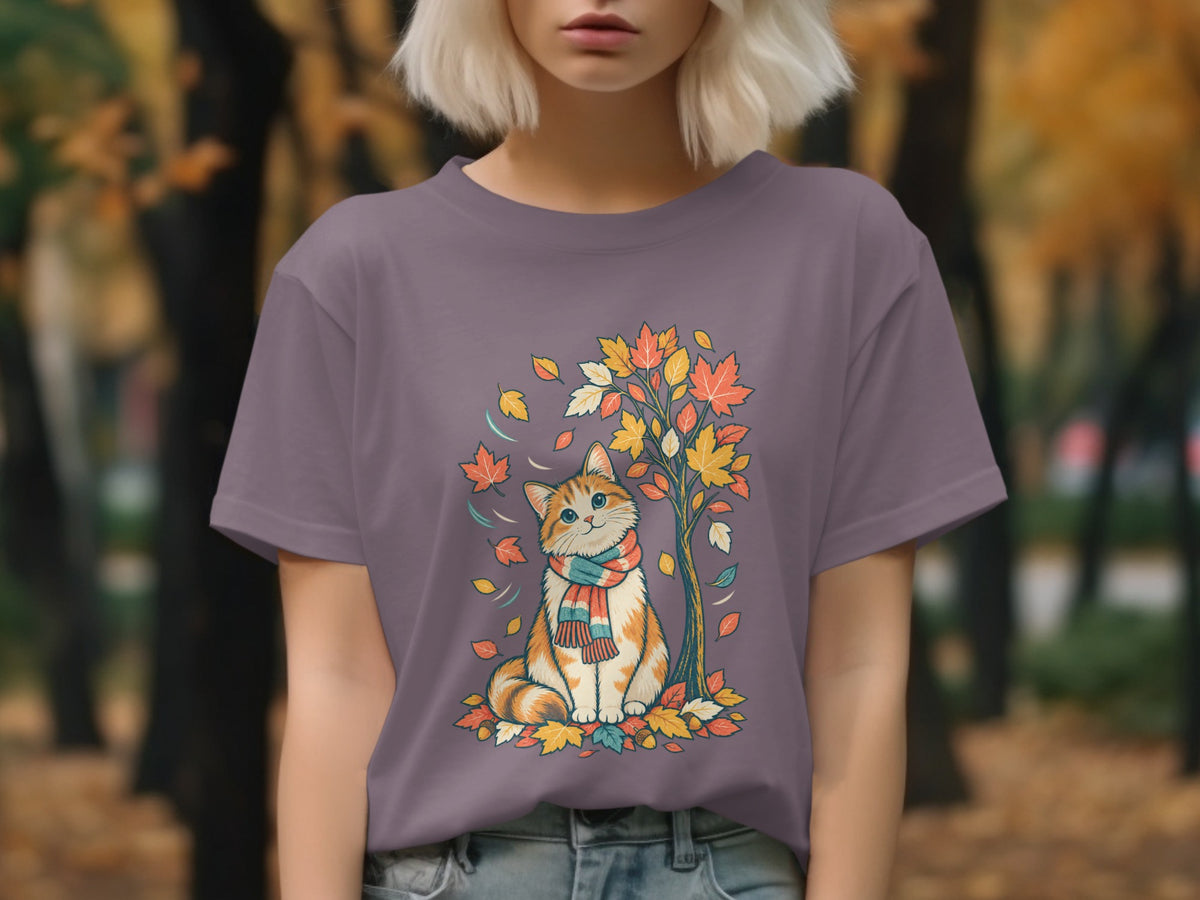 T-shirt with a graphic of an orange cat wearing a scarf sitting by a tree.