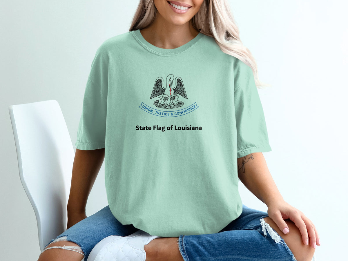 Light mint t-shirt with the State Flag of Louisiana design and text.