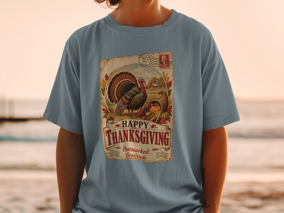 Thanksgiving graphic with turkey, cornucopia, and farm scene.